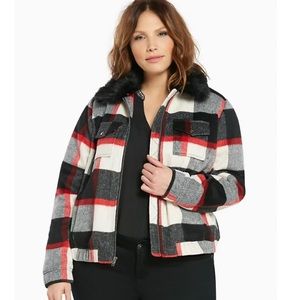 🆕 Torrid red and black plaid bomber jacket size 1